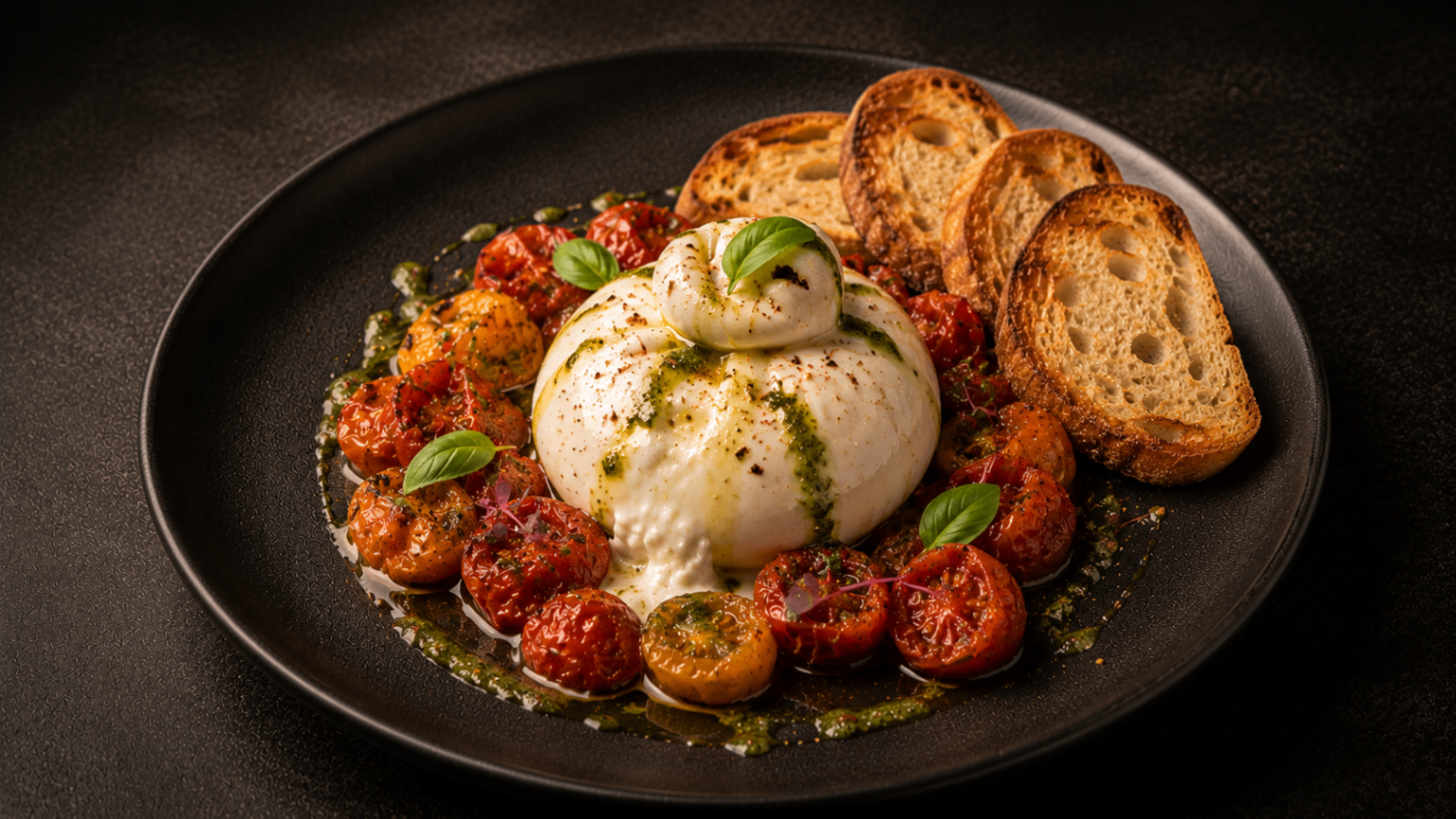 Burrata with Roasted Tomatoes & Basil Oil