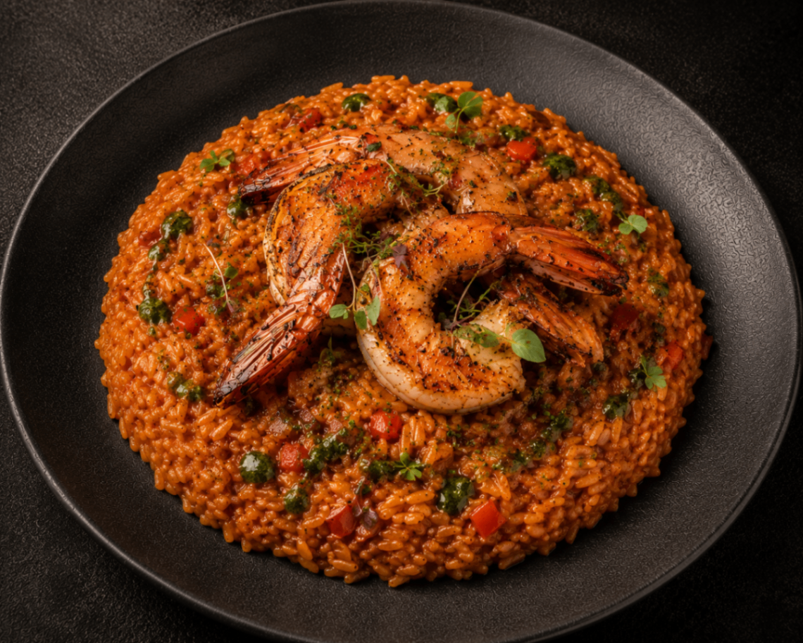 Jollof Risotto with Grilled Jumbo Prawns